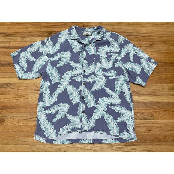 Tommy Bahama Men's L Blue Button-Up `00% Silk Shirt Leaf Beach Boho Topical - Picture 1 of 8